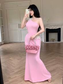 Modelyn Đầm đi nghỉ mát màu hồng dành cho nữ, cổ lệch bất đối xứng, họa tiết hoa, thích hợp cho mùa xuân/hè. - Hồng - Xem 6