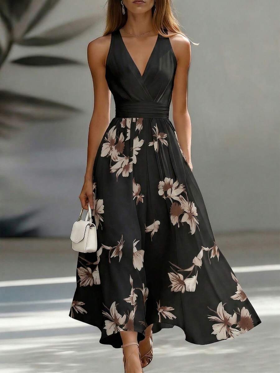 EMERY ROSE Đầm midi thanh lịch AB Patchwork cổ chữ V không tay, thắt eo, phù hợp cho công sở và kỳ nghỉ. - Nhiều màu - Xem 1