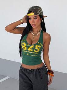 SHEIN HypeZone 女士黄色V领数字学院风印花街头休闲度假装，适合音乐节，Y2K少女风吊带背心 - 綠色 - 查看 5