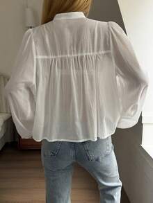 DAZY Women's Loose Solid Color Stand Collar Long Sleeve Elegant Summer Blouse - White - View 3