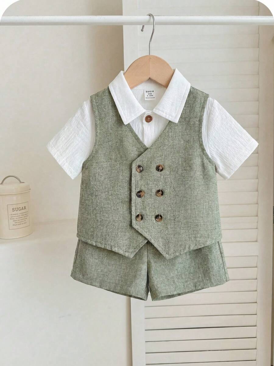 Baby Boy Gentleman Outfit - Vest And Shorts Set - Green - View 1