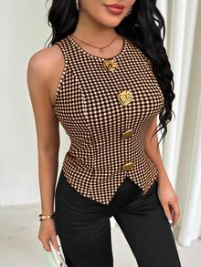 Vavine Elegant Black & White Plaid Metal Button Sleeveless Thin Vest For Women Gingham Top Sleeveless Top Plaid Top - Coffee Brown - View 6