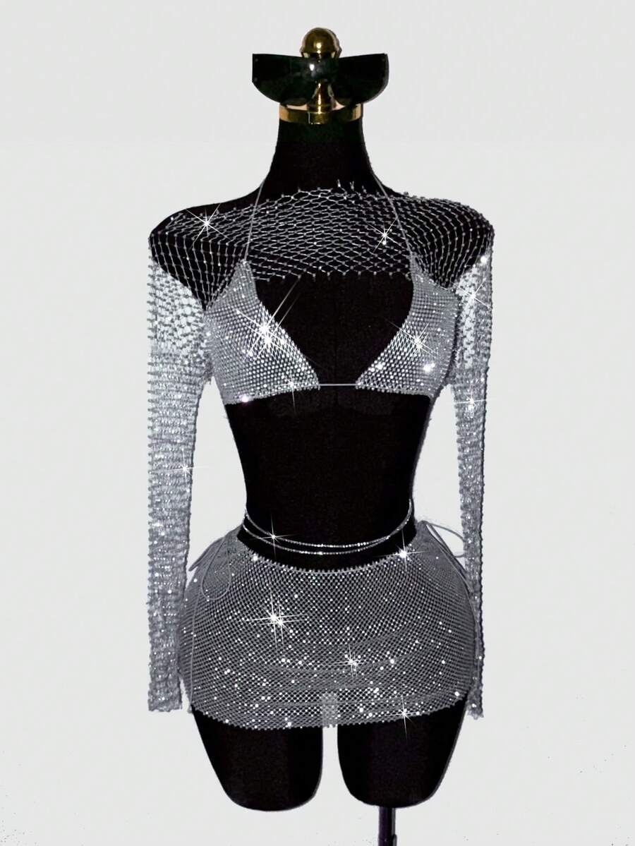 SHEIN DivaQ Bộ đồ dự tiệc 2 mảnh dành cho nữ: áo tay dài và chân váy ngắn phối sequin gợi cảm. - Màu Xám nhạt - Xem 1