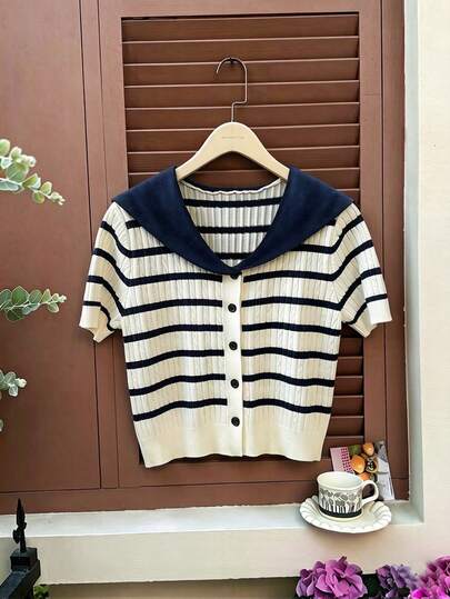 Sweetra 夏季蓝白撞色优雅俏皮可爱复古水手领休闲针织短袖开衫