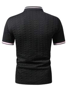 EGENSIO Men's Jacquard Textured Knit Polo Shirt With Ribbed Collar And Cuffs - Black - View 6