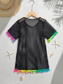 SHEIN Tween Girls' Mesh Short Sleeve Coverup - Black - View 2