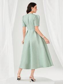 Modelyn Váy dạ hội dài tay bồng Jacquard không thắt lưng - Màu xanh Bạc hà - Xem 3