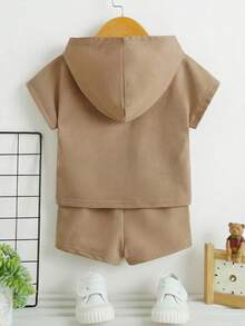 2pcs Baby Boy Letter Print Hoodie T-Shirt And Shorts Set - Khaki - View 2