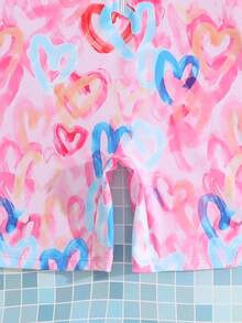 SHEIN Tween Girls One-Piece Swimsuit, Pink Heart Long Sleeve Rash Guard, Cute Graffiti Heart Print, Half Zipper Design, Suitable For Swimming Pool, Beach, Vacation, Summer - Pink - View 5