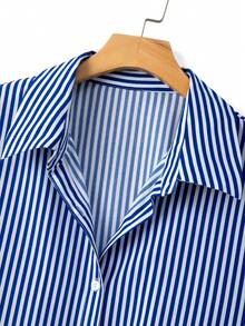 GlowEve CURVE Plus Size Striped Turndown Collar Short Sleeve Shirt & Pleated Loose Wide Leg Shorts 2 Pieces Set, Casual Everyday Outfit - Multicolor - View 7