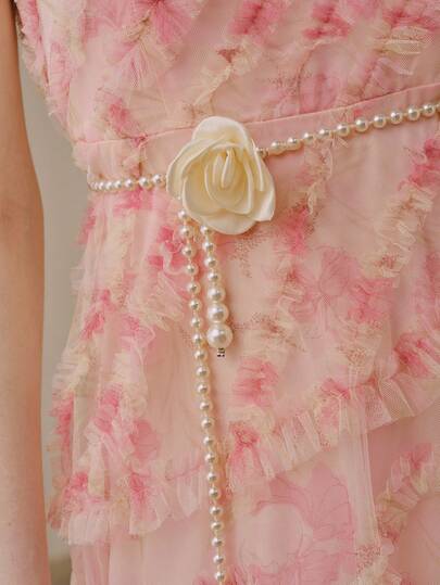 Opalesca 1件时尚仿珍珠装饰花朵设计腰链，女士适用，圣诞派对装饰，优雅万圣节夏季、学校秋季、秋季、万圣节