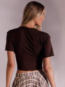 Aralina Women's Dark Brown Jersey Knitted Top,Autumn Chic Everyday Boat Neck Short Batwing Sleeves Cute Cinched Waist T-Shirt Old Money Style Top - Brown - View 2