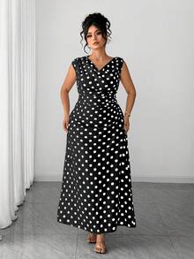 Elenzga Plus Size Women Summer Black White Polka Dot Oblique Collar Vintage Elegant Cocktail Dress,Autumn Curve Ruched Fitted Commute Office Gatherings Dress - Black - View 7