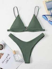 SHEIN Swim 夏季海滩单色比基尼套装 三角文胸和高腰下装 2 件套比基尼 - 軍綠色 - 查看 3