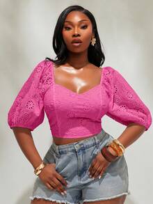 Radiana Chic Women's Fuchsia Hot Eyelet Short Sleeve Blouse With Open Back Design - Hot Pink - View 4