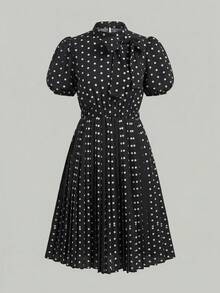SHEIN Pitira 杏色波点印花蝴蝶结泡泡袖立领腰部褶裥A字连衣裙，优雅花童伴娘生日派对礼服，适合青少年女孩 - 彩色 - 查看 6