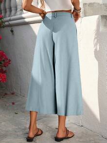 SHEIN Holidaya Women's Casual Linen Capri Pants, Suitable For Leisure, Beach, And Home - Dusty Blue - View 2