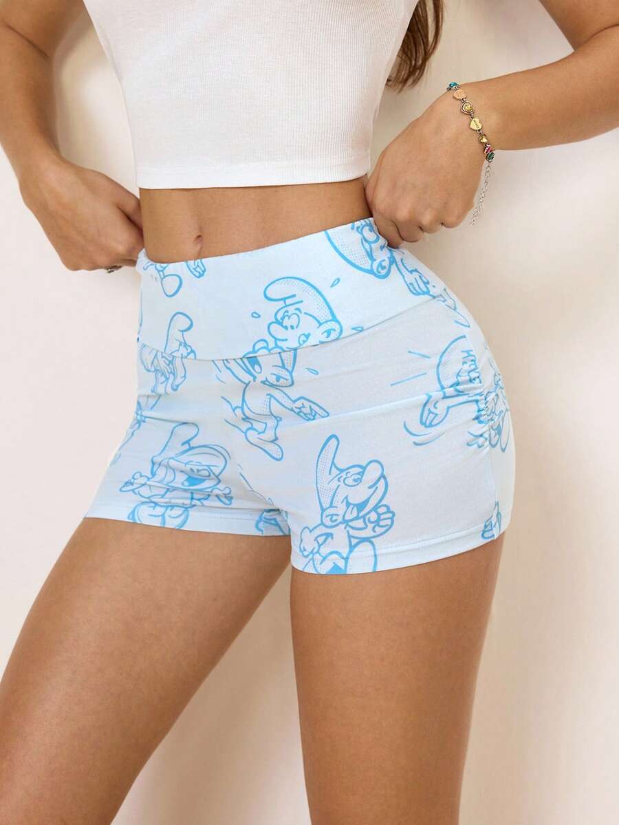 SHEIN X The Smurfs Women's Cartoon Print Short Leggings - Blue - View 1
