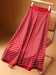 Falda A-line beige de estilo envolvente con estampado geométrico de rombos, elegante y casual para vacaciones - Rojo - Ver 3