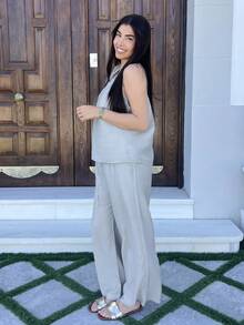Hitanina 2 件套女士纯色不对称领上衣和阔腿裤，度假风格 - 淺色水洗藍 - 查看 2