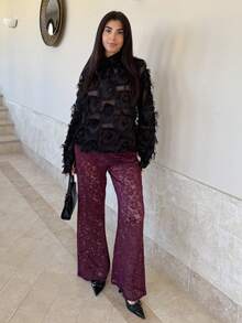 Hitanina Pantalon de costume minimaliste pour femmes, couleur unie avec empiècement en dentelle, pour un port quotidien - Rouge foncé - Voir 4
