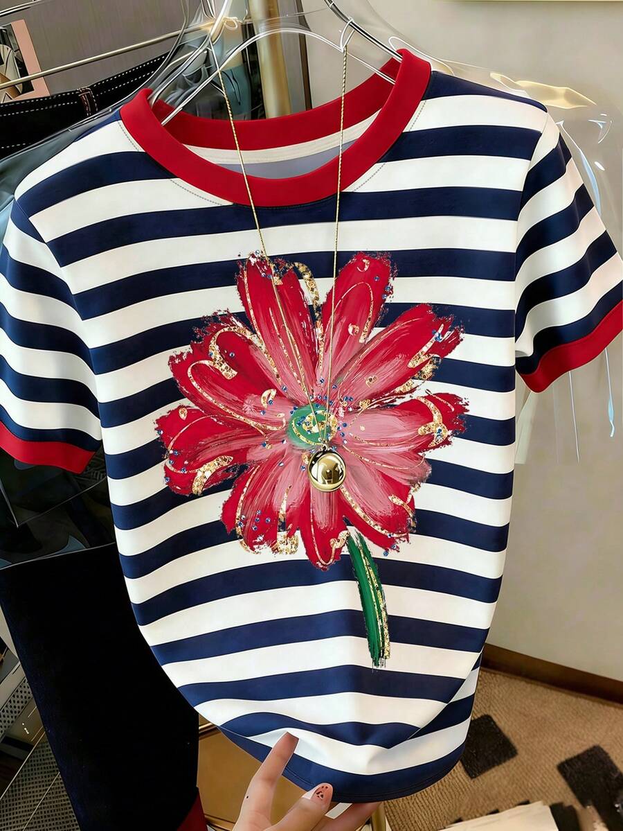 Resyla Women's Casual Striped Floral Print Round Neck Short Sleeve T-Shirt, Versatile Daily Wear - Multicolor - View 1