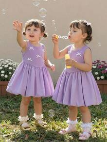SHEIN Playful Pals Baby Girl Summer Waist Cinched Butterfly Decor Vintage Petal Sleeve Princess Dress Purple Dress Bowknot Dress Toddler Dresses Baby Dresses Girls Dresses - Purple - View 3