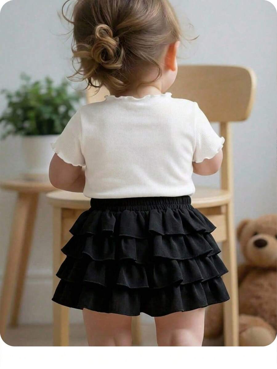 Summer Cute Vacation Casual Versatile Black Ruffle Elastic Waist Mini Skirt Baby Girl Black Shorts Baby Girl Ruffle Shorts - Black - View 1
