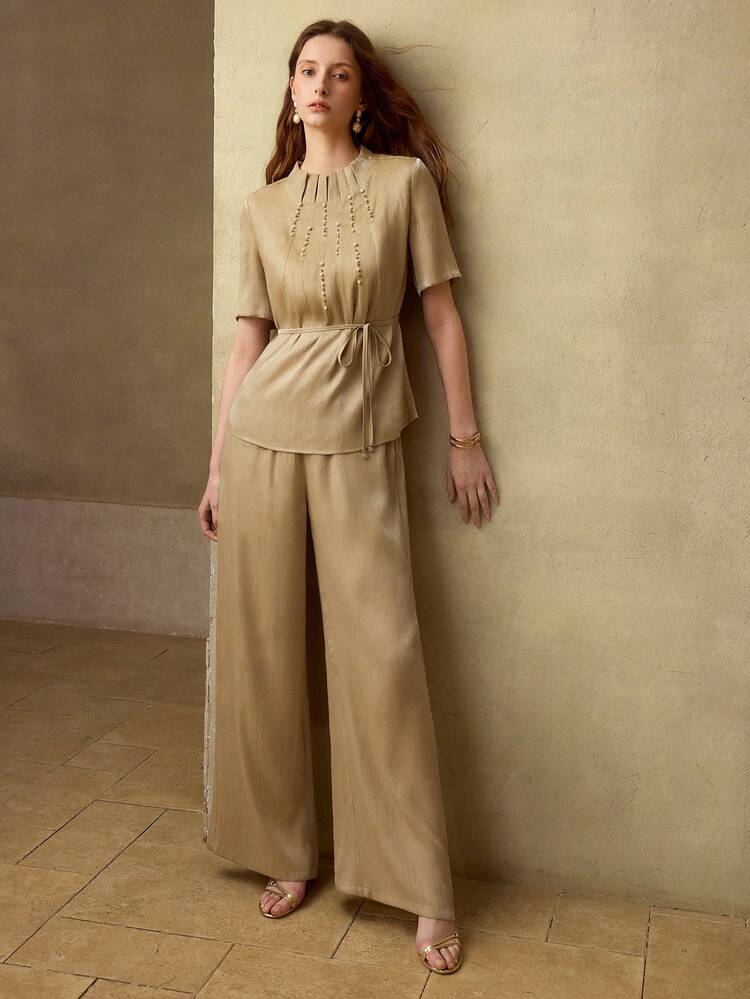 2PCS WOMEN'S FAUX PEARLS BEADED FOLD PLEATED BELTED TOP & WIDE LEG PANTS SET