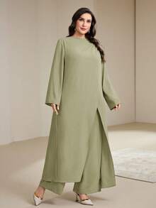 Veilorie Plus Size Solid Color Round Neck Long Sleeve Decorative Ring Casual Elegant Loose 2 Pieces Set Formal Wedding Bride Sage Green Autumn Fall - Green - View 7
