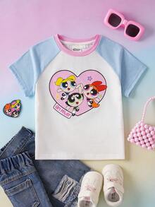 THE POWERPUFF GIRLS X SHEIN 1pc Cute & Fun Style Young Girls Round Neck Short Sleeve T-Shirt - Multicolor - View 1