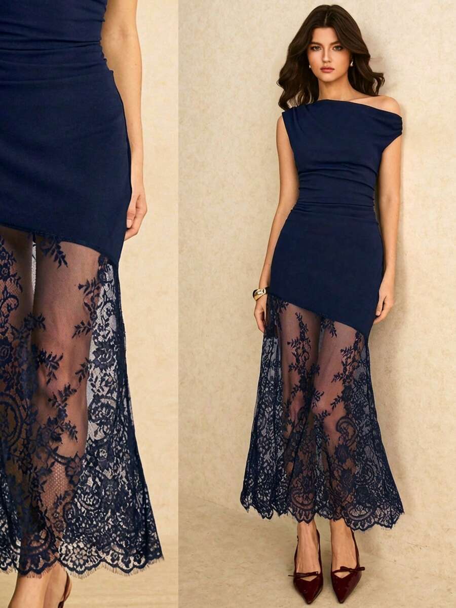 Poéselle 女士撞色蕾丝荷叶边不对称领口优雅连衣裙,蕾丝连衣裙,女士优雅派对礼服,女士优雅晚礼服,女士正式礼服,薄纱蕾丝连衣裙,夏季美学穿搭,2026夏季穿搭,毕业礼服,节日礼服 - 藏蓝色 - 查看 1