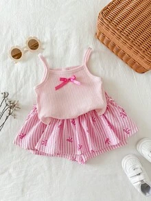 SHEIN 2件套女婴/幼儿甜美可爱粉色针织吊带背心和条纹短裤/裙子套装，女婴夏季服装，套装 - 粉色 - 查看 4