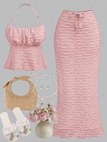 SHEIN Girlism Teen Girls' Summer, Vacation, Back To School, Casual Jacquard Texture Solid Color Camisole Top And Skirt 2-Piece Set - Pink - View 6