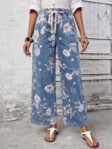 Breezaya Quần jeans nữ ống rộng dáng suông, thắt eo bằng dây rút, in họa tiết hoa. - Màu xanh lam - Xem 3