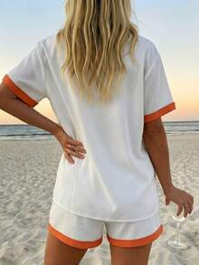 INAWLY Women's Vacation Palm Tree Letter Print Short Sleeve Shirt And Shorts Casual Set - White - View 2