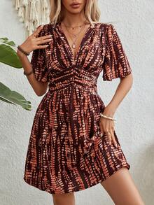 Wandoria Đầm ngắn nữ mùa hè, kiểu dáng thường ngày, in họa tiết tie-dye, thắt eo. - màu nâu - Xem 7