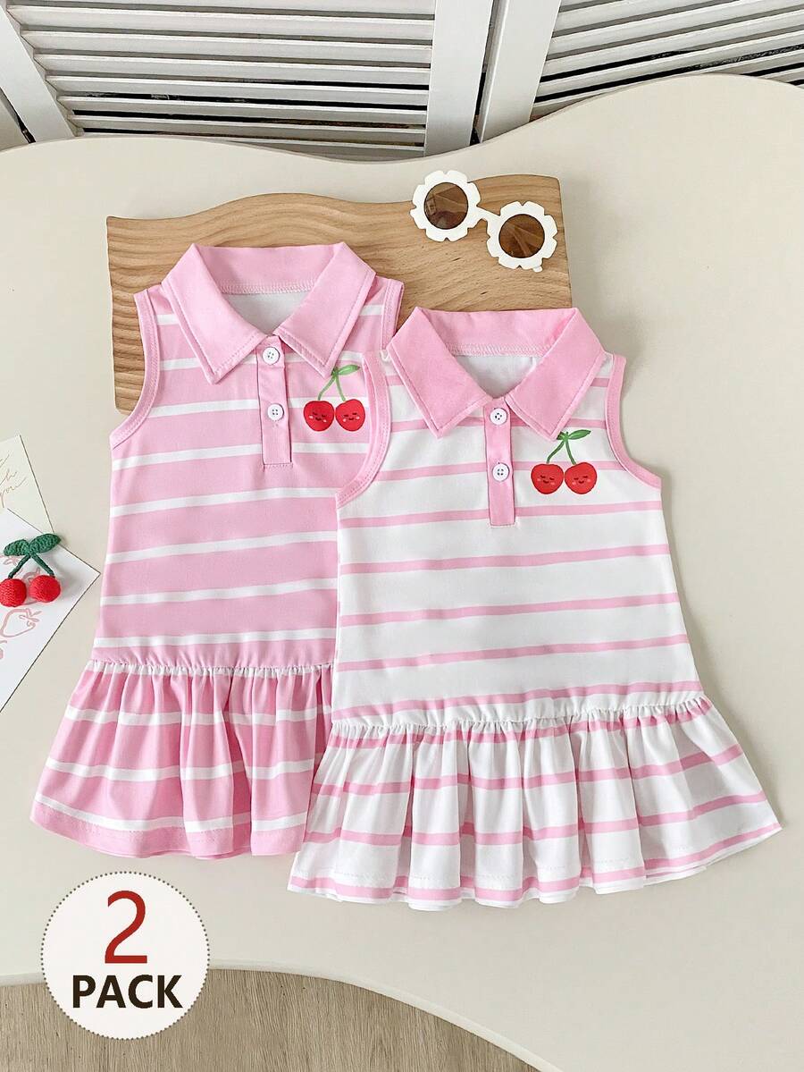 SHEIN Playful Pals 女童夏季条纹翻领无袖连衣裙
