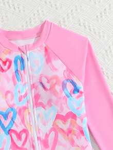 SHEIN Tween Girls One-Piece Swimsuit, Pink Heart Long Sleeve Rash Guard, Cute Graffiti Heart Print, Half Zipper Design, Suitable For Swimming Pool, Beach, Vacation, Summer - Pink - View 4