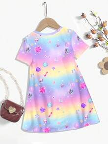 SHEIN 返校季，卡通女孩，渐变色，梦幻星空，少女休闲简约短袖中长连衣裙，适合夏季 - 彩色 - 查看 3