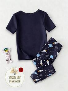 一套男童夜光睡衣，印有宇宙飞船、火箭和怪兽图案，包括短袖T恤和长裤，修身款 - 寶藍色 - 查看 2
