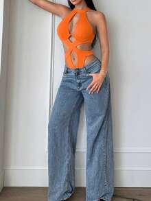 SHEIN SXY Áo liền thân gợi cảm khoét phía trước, cổ yếm - trái cam - Xem 4