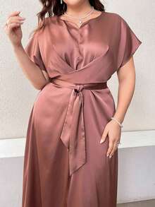 Modelyn 夏季加大码纯色蝙蝠袖交叉裹腰连衣裙，婚礼宾客礼服长款晚礼服 - 粉色 - 查看 5