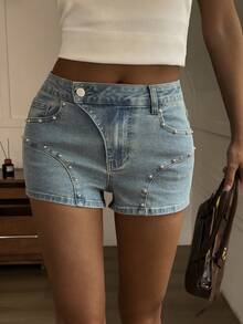 Livesso Quần short denim nữ thiết kế đinh tán với chi tiết eo, chất liệu cotton, màu xanh dương, thích hợp cho mùa hè. - Màu xanh lam - Xem 4