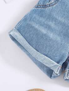 SHEIN Quần short denim bạc màu mùa hè cho bé gái. - Rửa nhẹ - Xem 3