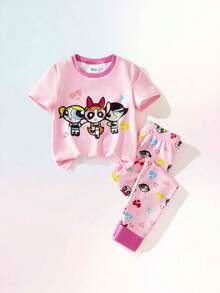 THE POWERPUFF GIRLS X SHEIN Maija Kids 女童可爱贴身卡通印花短袖T恤和裤子睡衣套装，夏季 - 粉色 - 查看 3