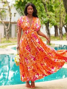 Reflora Vestido plus size de verão com decote em V profundo, cintura marcada, mangas morcego e estampa por toda a peça. - Multicolorido - Ver 1