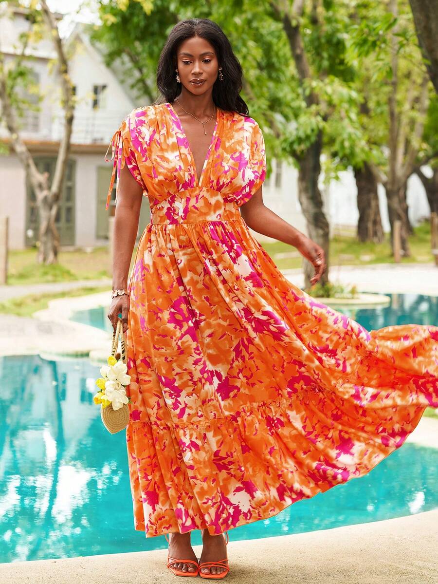 Reflora Vestido plus size de verão com decote em V profundo, cintura marcada, mangas morcego e estampa por toda a peça. - Multicolorido - Ver 1