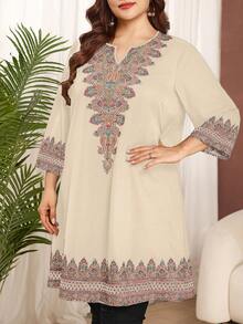 Lacomfia Plus Size Women Elegant 90s Traditional Whimsical Loose Comfortable Long Casual Printed T-Shirt Airport Bussines Vacation Beige Autumn - Khaki - View 1