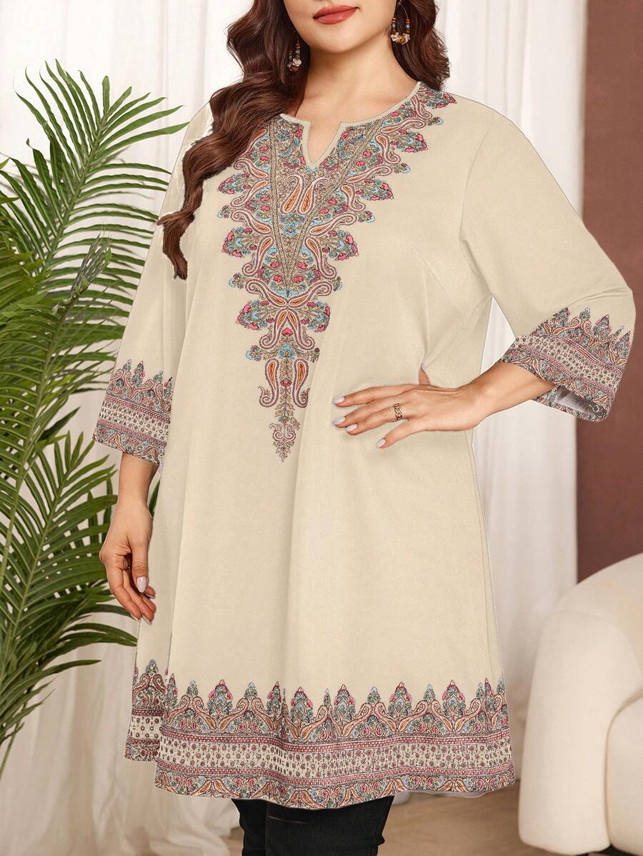 Lacomfia Plus Size Women Elegant 90s Traditional Whimsical Loose Comfortable Long Casual Printed T-Shirt Airport Bussines Vacation Beige Autumn - Khaki - View 1